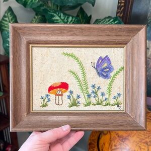 Vintage Cottagecore Kitsch Hand Embroidered Mushroom Butterfly Framed Wall Art